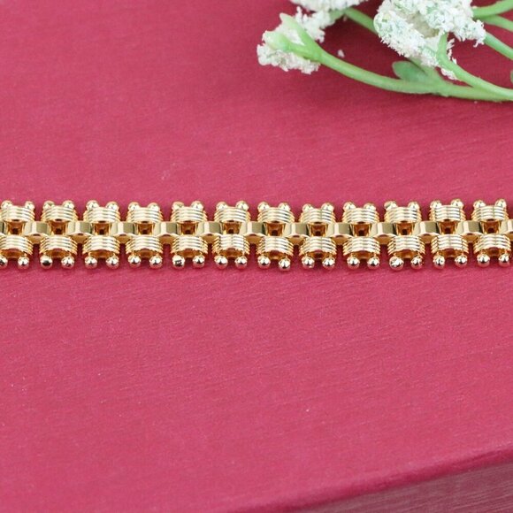 "Elegant Rose Gold Wide Link Bracelet with Beaded Edge Design, XPBL0859 - Picture 4 of 12